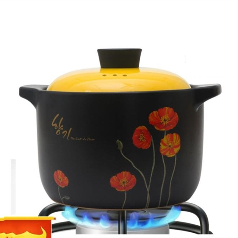 *Limited Edition* Black Stew Pot/ Hot Pot/Clay Pot/Earthen Pot/Ceramic Cookware With Yellow Lid and Hand Painted Flowers