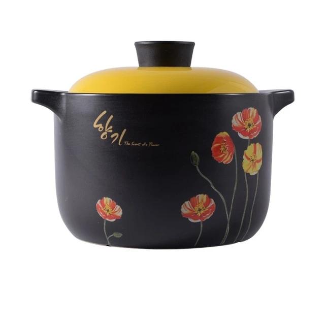 *Limited Edition* Black Stew Pot/ Hot Pot/Clay Pot/Earthen Pot/Ceramic Cookware With Yellow Lid and Hand Painted Flowers