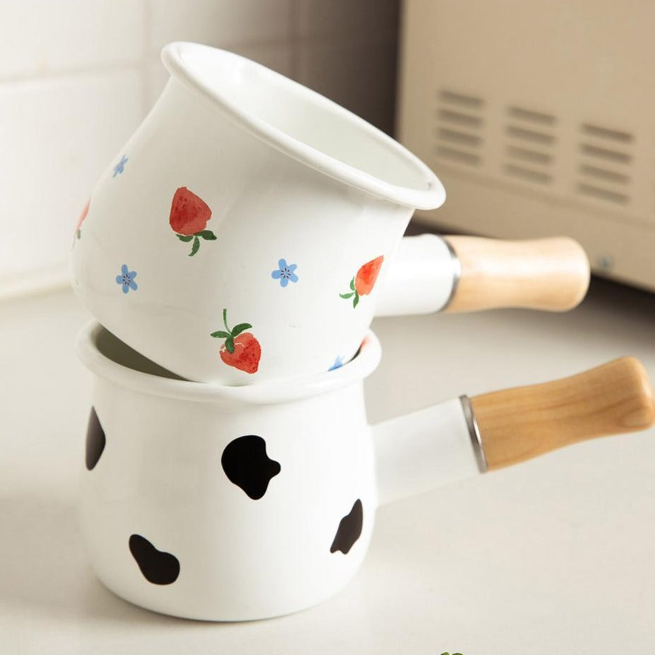 550ml Small Enamel Milk Cooking Sauce Pot Wooden Handle Cookware White, Size: As described