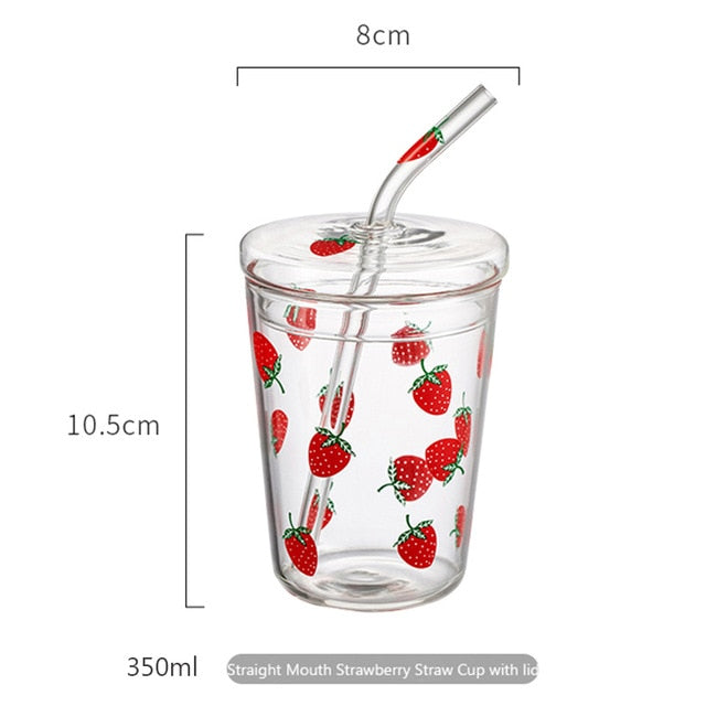 Strawberry Glass Cup with Straw Lovely Strawberry Cup Glass Tumbler with  Straw for Juice Water Milk Coffee Tea 