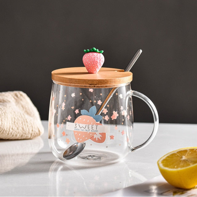 Novelty 3d Lid Cartoon Strawberry Cute Water Glass Transparent Mug Drinking Borosilicate Glasses Coffee Milk Juice Drinkware Cup