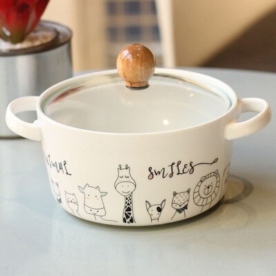 Cartoon Animal Ceramic Bowl with Glass Lid - Perfect for Kids