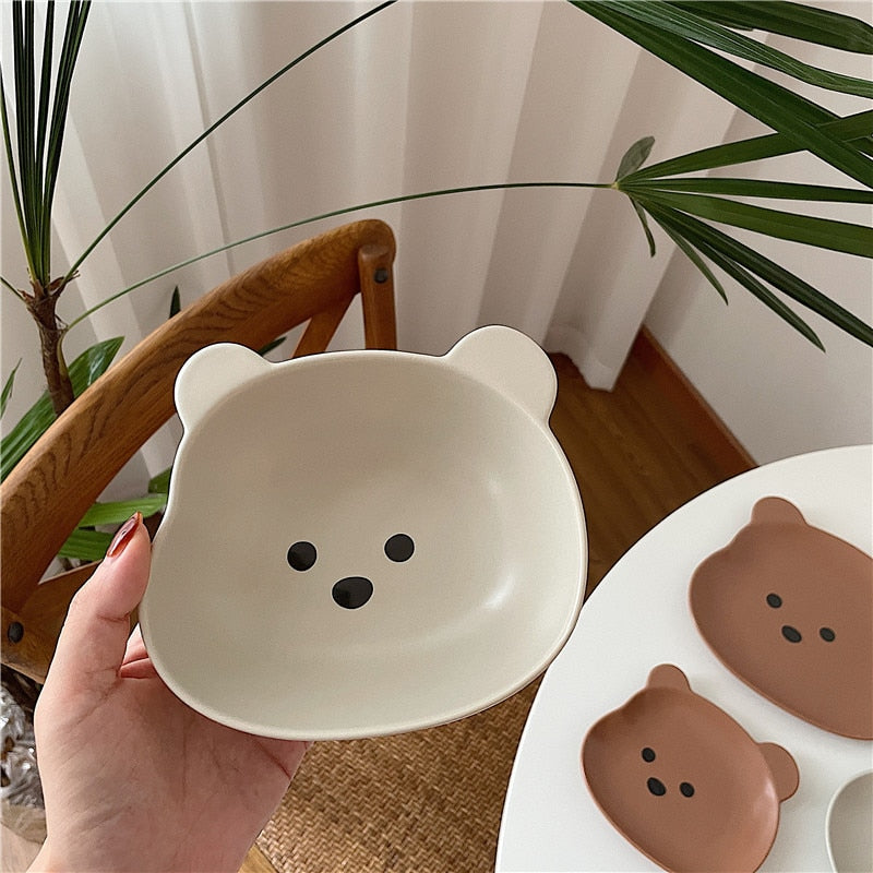 Kawaii Bear Bowl Plate Tableware Ceramics Cute Fruit Noodle Breakfast Salad Bowl Korean Accessories Utensils For Kitchen