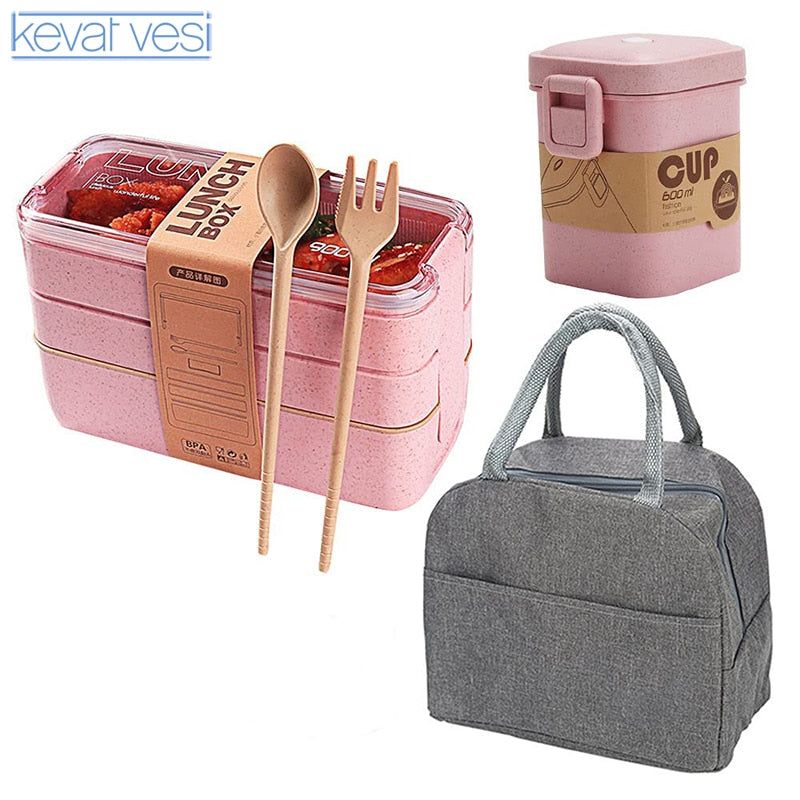 Wheat Straw Microwavable Lunch Box Thermos with Spoon 330ml Pink