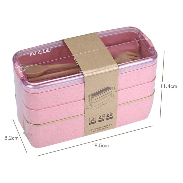 Layer Bento Box Microwave Heating Sealed Portable Wheat Straw Lunch Box  With Tableware Picnic Office Worker Box Food Storage Set