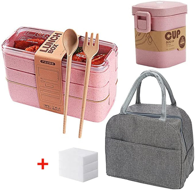 3 Layer Wheat Straw Lunch Box with Bag Japanese Microwave Bento