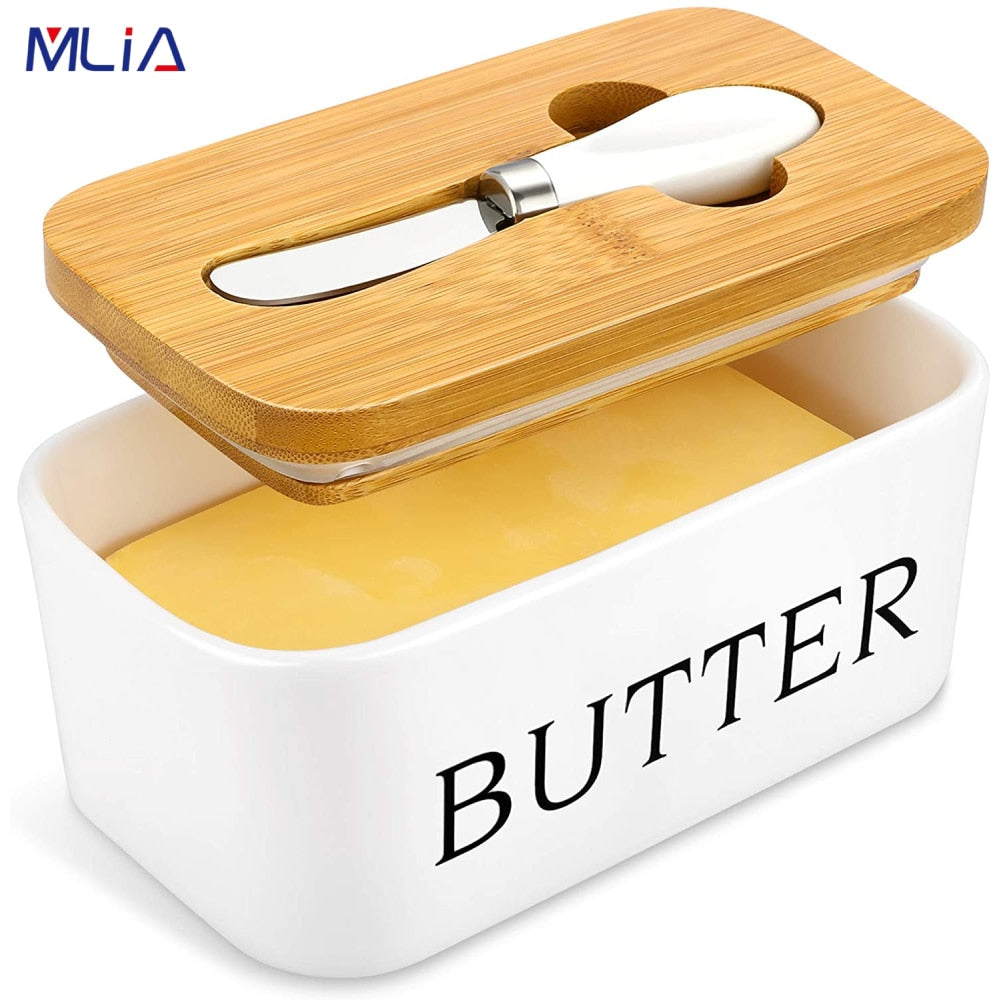 MLIA Nordic Butter Sealing Box,Ceramic Butter Plate with Wood Lid and Knife,Cheese Storage Tray Butter Dish Container Box, White